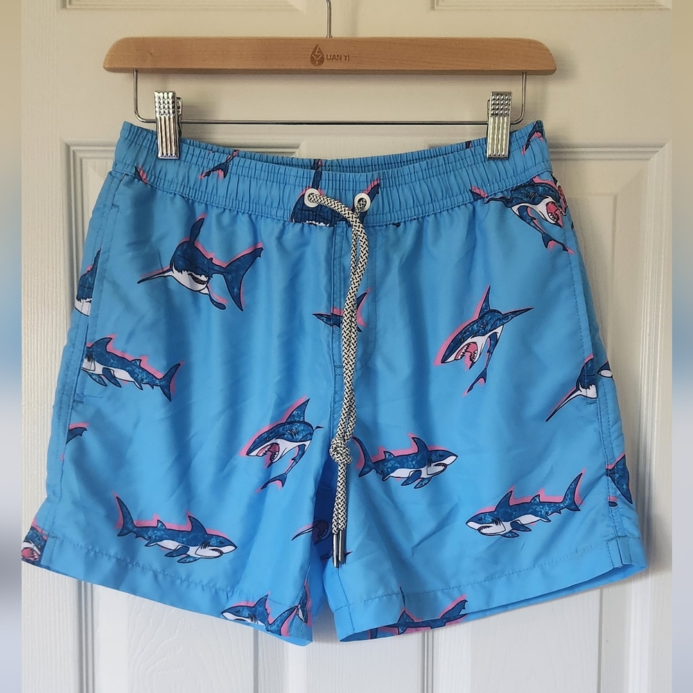 Maamgic men's Blue Shark Print Swim Shorts. Size: XS